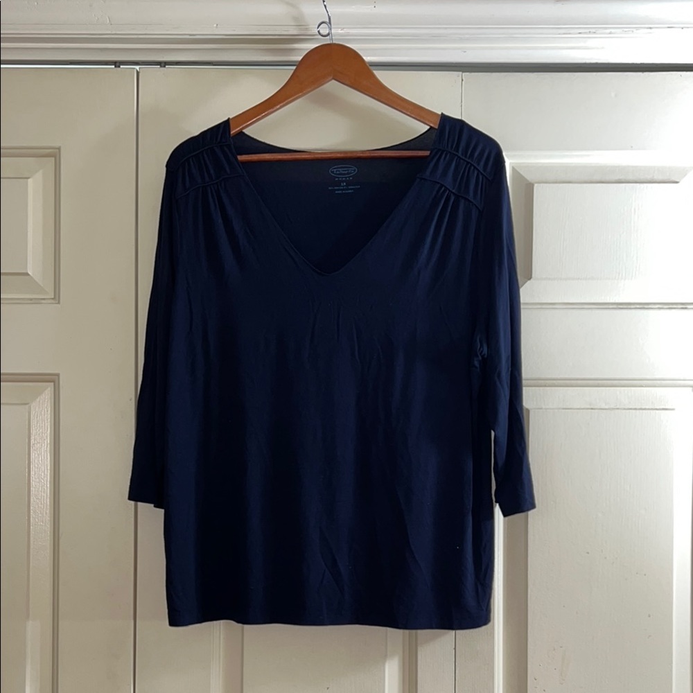 Talbots Black 3/4 Sleeve V-Neck Top Gathered Shoulders Slinky Rayon and Spandex